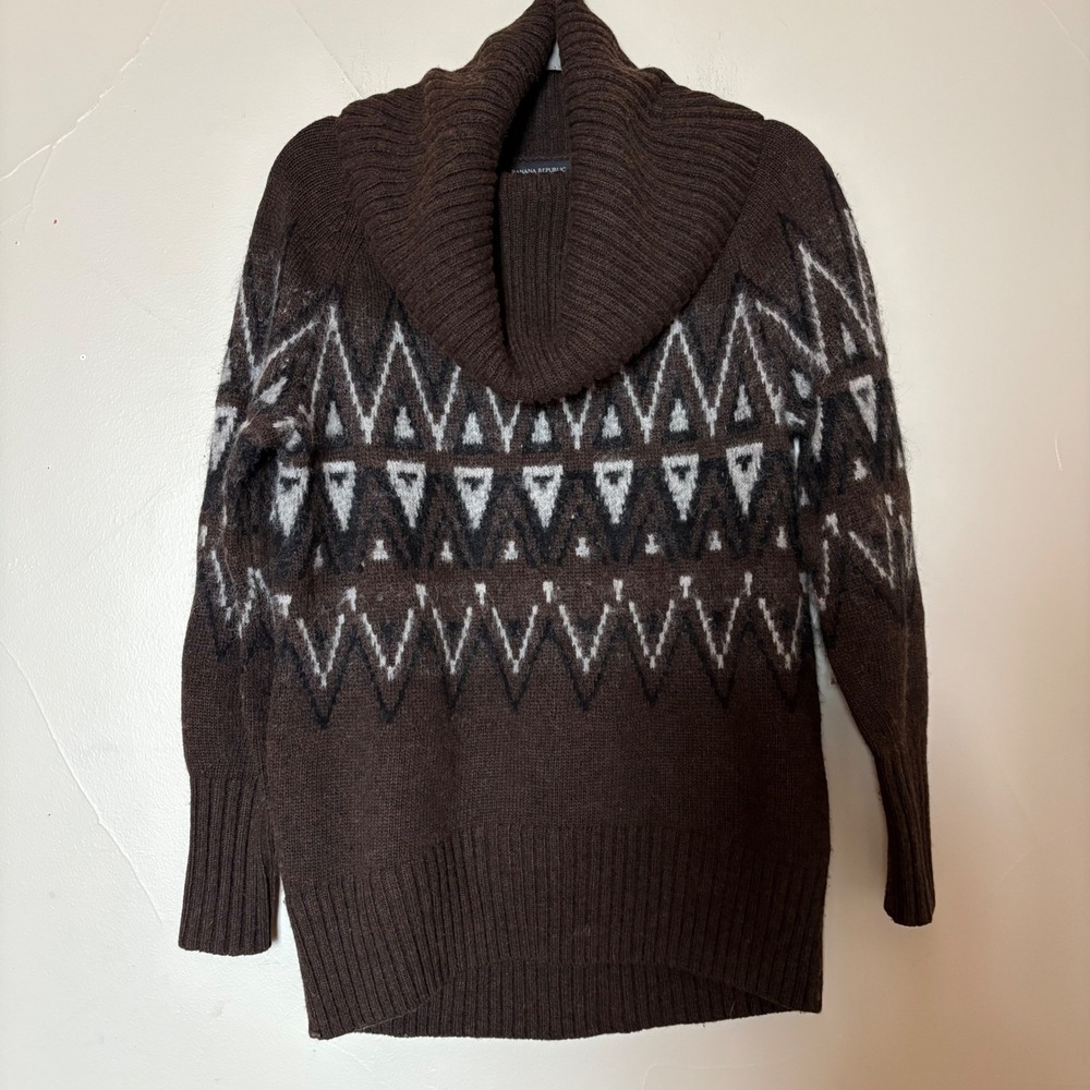 Banana Republic‎ Oversized Brown Wool Blend Fair Isle Cowl Neck Sweater Women XS